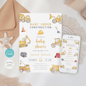 Convite editável para chá de bebê em construção, bebê em construção, convite para chá de bebê de caminhões, convite para festa de construção, Evite, B-385