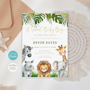 Bewerkbare safari babyshoweruitnodiging, jungledieren (digitale download)