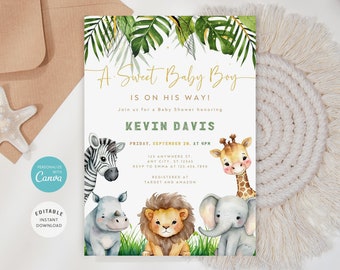 May include: A baby shower invitation with a jungle theme. The invitation features a green and white background with a gold inscription that reads "A Sweet Baby Boy Is On His Way!" The invitation also features a variety of jungle animals, including a zebra, a giraffe, a rhinoceros, a lion, and an elephant.