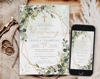 Greenery Christening Invitation, Eucalyptus Leaves, Editable Template (Digital Download)