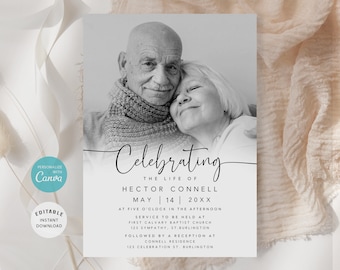 May include: A black and white photograph of an elderly couple embracing. The photo is on a white card with black text that reads "Celebrating the life of Hector Connell May 14 20XX". The text continues with details about the service and reception.