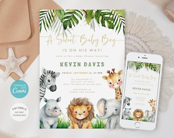 May include: A jungle-themed baby shower invitation with a green, white, and gold color scheme. The invitation features a variety of jungle animals, including a zebra, giraffe, lion, rhino, and elephant. The text on the invitation reads "A Sweet Baby Boy Is On His Way!" and includes the name "Kevin Davis" and the date and time of the shower.