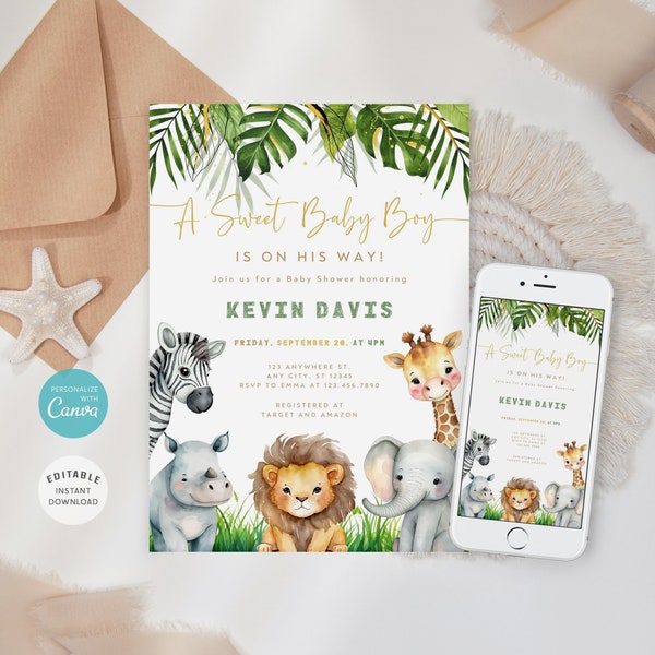 Editable Safari Baby Shower Invitation, Jungle Baby Shower Invite, Sweet Baby Boy Invite, Boy Baby Shower Invitation, B-174