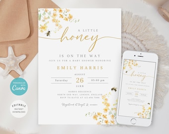 May include: A baby shower invitation with a yellow and white floral design and a bee. The invitation says "A Little Honey Is On The Way" and includes the name "Emily Harris" and the date "August 26, 20XX".