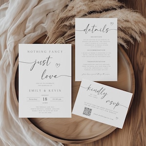 Niets bijzonders, Just Love-uitnodigingsset, bruiloftssuite receptie, QR-code RSVP-kaart, details en RSVP-kaarten, bewerkbare sjabloon, WI-239