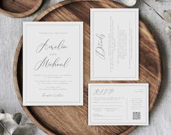 Plantillas minimalistas para invitaciones de boda con código QR (descarga digital)