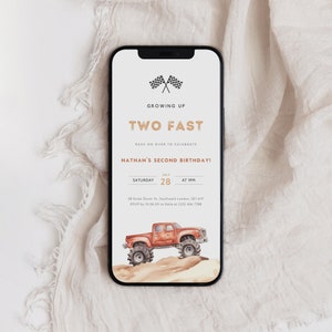 Monster Truck Birthday Invitation Template, Red Monster Truck B&#39;day Evite, Growing Up Two Fast Invite, Editable Birthday Party E-vite, B-471
