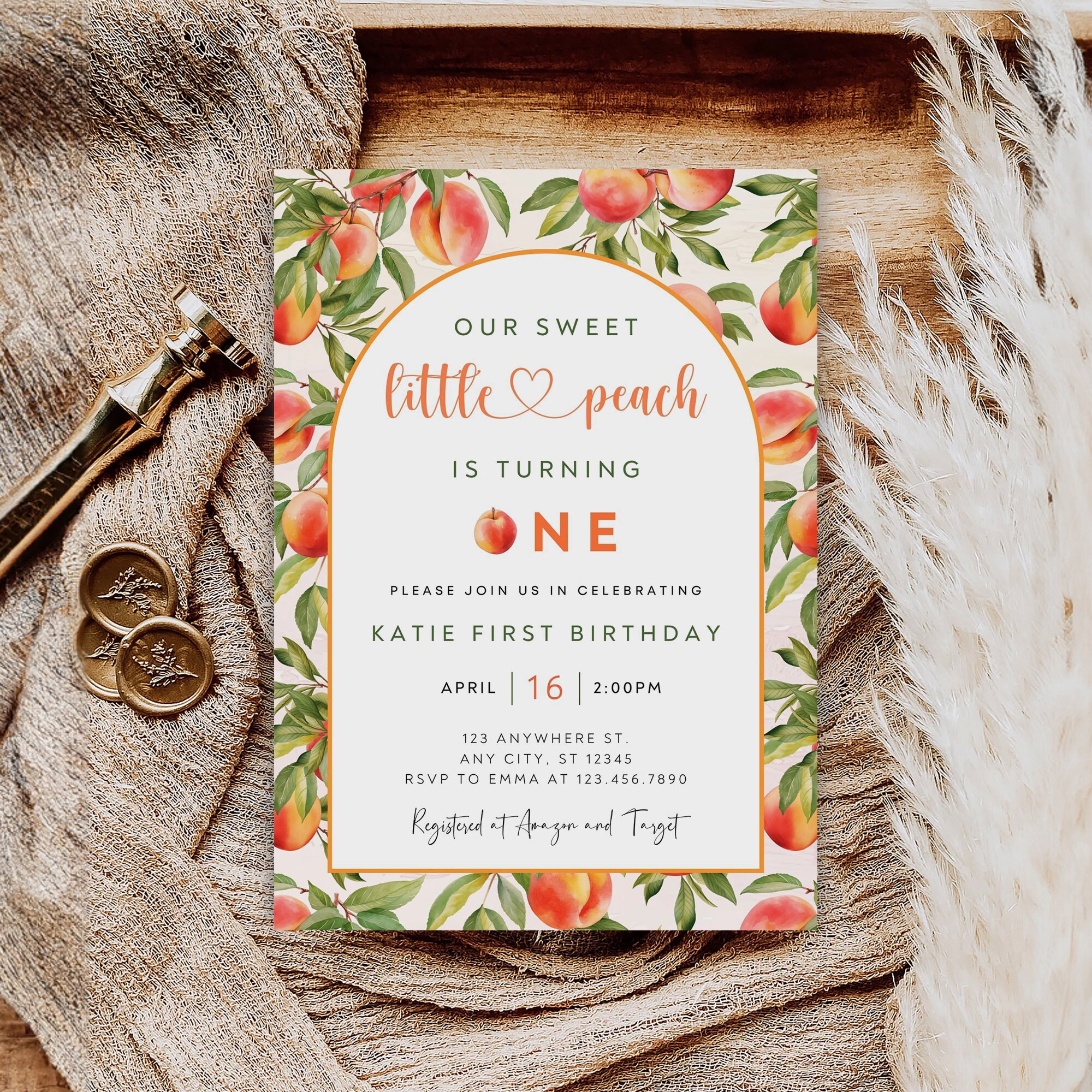 Peach First Birthday Invitation Template, Editable 5x7 (digital