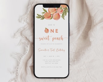 Peach First Birthday Invitation, Peach 1st Birthday Evite, Sweet Peach Digital Invitation, Editable Electronic Invitation, B-251