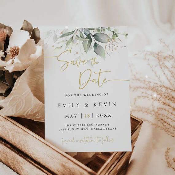 Eucalyptus Wedding Save the Date Template, Green & Gold (Digital Download)