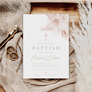 Editable Boho Baptism Invitation, Pink Flower Christening Invite, Girls Baptism Invitation, Christening Invitation Template, Evite, BT-37