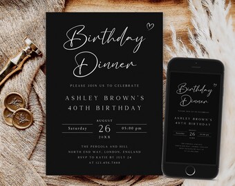 Black Birthday Dinner Invitation, Modern Evite (Digital Download)