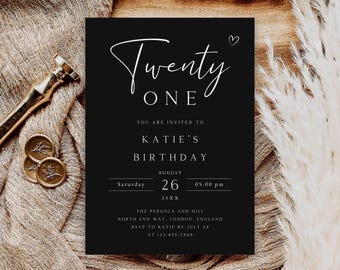 Editable 21st Birthday Party Invitation, Black and White (Digital Download)
