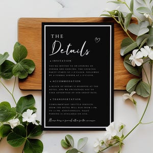 Moderne Details Kartenvorlage, bearbeitbare Hochzeitsbeilage, einfache Details Karte, schwarze Anpassungskarte, Hochzeitseinschlusskarte, DT-11