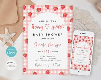 Invitación editable para baby shower con temática de fresas y frutos rojos (descarga digital)