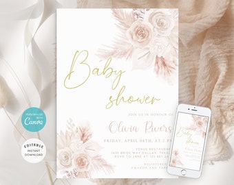 Baby Shower Invite, Pink Boho Floral Baby Shower Invitation, Girl Baby Shower Invite, Digital Shower Invitation, EDITABLE TEMPLATE, B-09