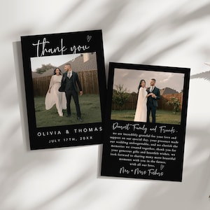 Modelo de cartão de agradecimento com foto, cartão de agradecimento moderno para casamento, cartões de agradecimento pretos, cartão de agradecimento para chá de panela, download instantâneo TC-40