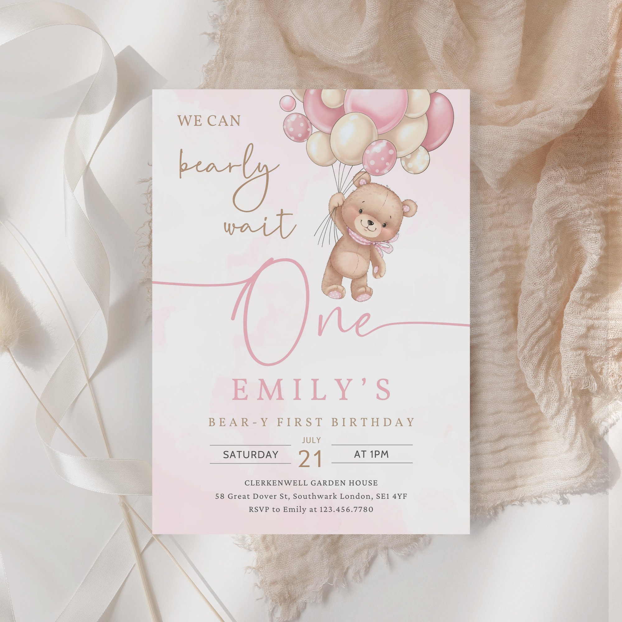 Editable 1st Birthday Invitation, Bear-y First Birthday, Teddy Bear ...