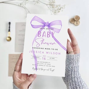 Editable Purple Bow Baby Shower Invitation, Ribbon Bow Shower Invite, Purple Coquette Baby Shower Invitation, Instant Download, B-759