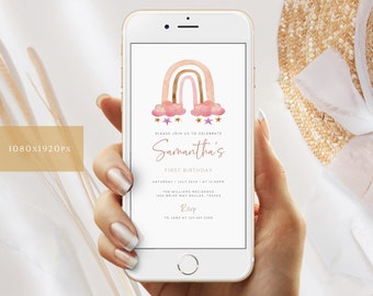 May include: A digital invitation for a first birthday party with a rainbow and stars design. The invitation says "Please join us to celebrate Samantha's First Birthday. Saturday, July 28th at 12:00 PM. The Williams Residence, 1435 Bride Way Dallas, Texas. RSVP to Jane at 123-447-24830."