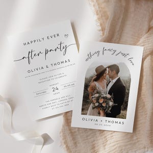 Pode incluir: Dois convites de casamento brancos com texto preto. Um convite diz "Happily Ever After Party" com detalhes do evento. O outro apresenta uma foto de um casal com o texto "nothing fancy just love".