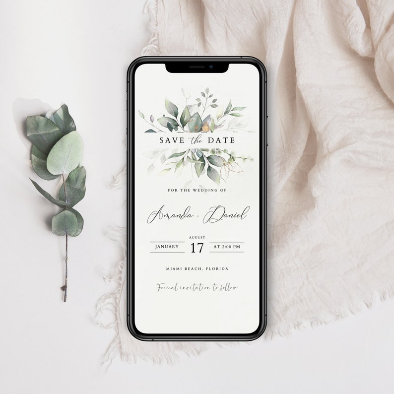 May include: A digital save the date card with a green floral design. The text reads "Save the Date" for the wedding of Amanda and Daniel on August 17th at 2:00 PM in Miami Beach, Florida. Formal invitation to follow.