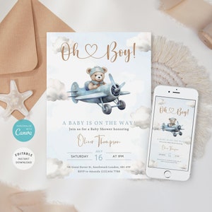 Airplane Bear Baby Shower Invitation, Oh Boy Baby Shower Invite, Blue Airplane Baby Shower E-vite, Editable Template, B-484