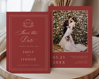 Printed Photo Save the Date Cards, Minimalist Wedding Announcement, Burgundy Double-Sided Card