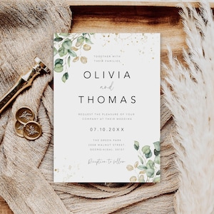 Eucalyptus Wedding Invite, Greenery Wedding Invitation Template, Editable Wedding Card, Green and Gold Invite, Instant Download, WI-86