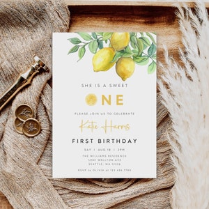Convite editável de primeiro aniversário de limão, convite de aniversário cítrico, convite de aniversário de verão, convite de primeiro aniversário de Lemonde, Evite, B-539