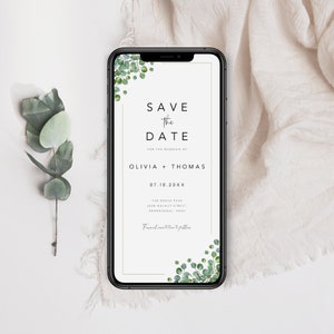 Elektroniczny szablon Save The Date, cyfrowe zaproszenie na dzień Eucalyptus Save Date, smartfon, karta Greenery Save Our Date, natychmiastowe pobranie, SD-72