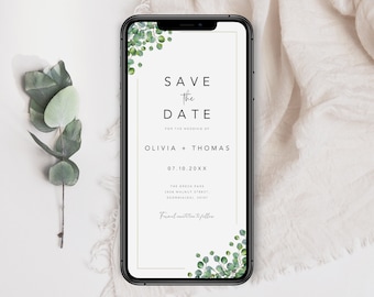 Plantilla de invitación digital para guardar la fecha de boda con eucalipto, invitación con motivos vegetales (descarga instantánea)