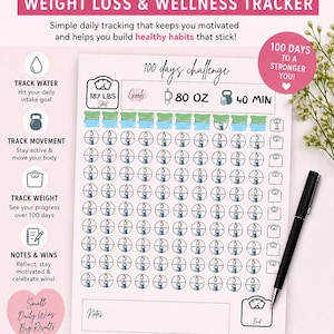Op de afbeelding: Een gewichtsverlies- en wellnesstracker met de tekst "100 Day Challenge". De tracker bevat secties om de waterinname, beweging en het gewicht bij te houden. Een zwarte pen ligt op de pagina. De tekst "Download. Print. Track. Transform. You've got this!" is ook zichtbaar.