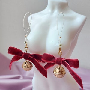 Burgundy bows nipple dangles, Adult sex accessory, Non painful nipple clips, Exquisite Nipple Adornments - best surprise for lover, Mature