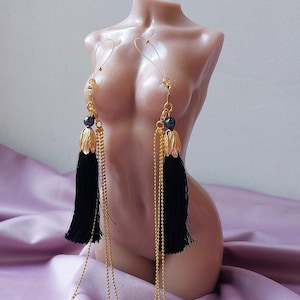 Black tassel non piercing nipple clips with adjustable loops, Adjustable nipple jewelry, breast jewellery, Nipple toys for adults, Mature