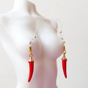 Red Pepper Breast Jewelry: Non-Piercing Enameled Dangles, Adjustable nipple jewelry, mature