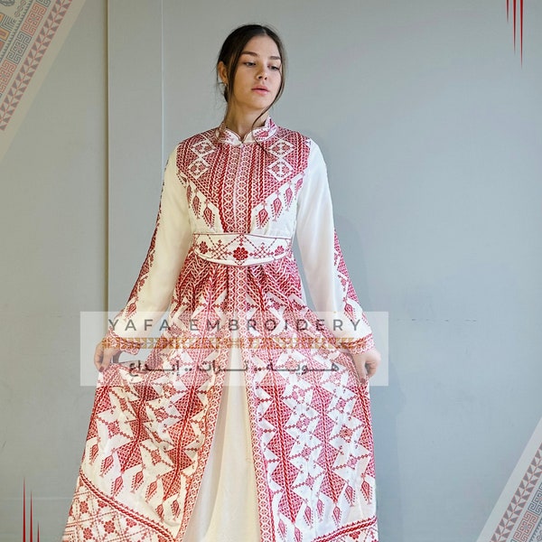 Palestinian Embroidered Thobe Maxi Dress  3 Pcs Thobe Kaftan Tatreez White& Red Tatreez From Front and back