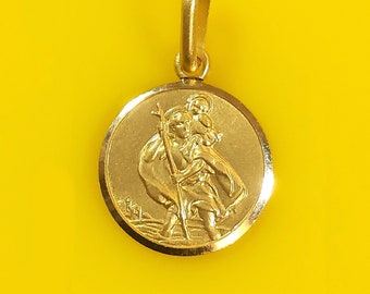 18K Yellow Gold Saint Christopher 20mm Size 3D Design Pendant, Saint Catholic Pendant, Patron Saint of Travelers Italian Medal