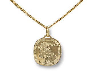 18K Solid Yellow Gold Laser Engraved Zodiac Sign Capricorn Pendant