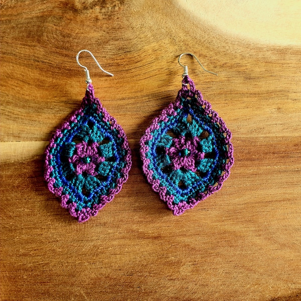 crochet earrings purple turquoise leaf shaped earrings turquoise handmade earrings Hamburg crochet earrings with beads jewelry for women