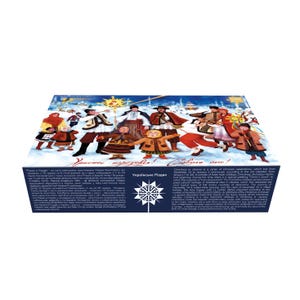 May include: A box featuring a winter scene with people in traditional Ukrainian clothing. The illustration depicts a festive gathering with text in Ukrainian and English. The box is predominantly blue with a detailed, colorful image.