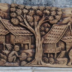 Rural Scene Wood Carving Panel 14 x 34 cm Handmade Wall Art Hanging Wall Art Decor Asian Art Thai wood
