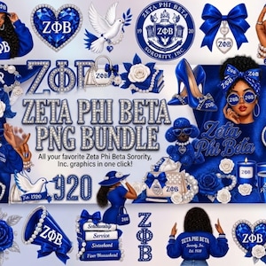 Könnte beinhalten: Ein digitales Grafikpaket mit Motiven der Zeta Phi Beta Sorority, Inc. in Königsblau und Weiß. Die Elemente umfassen ein herzförmiges ZΦB-Logo, eine Taube, ein Wappen, High Heels, einen Pudel, ein Megafon, Bücher und den Text ZETA PHI BETA PNG BUNDLE.