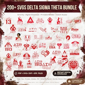 Op de afbeelding: Een digitaal pakket met meer dan 200 Delta Sigma Theta SVG-bestanden in karmozijnrood. De collectie bevat diverse grafische ontwerpen, waaronder olifanten, Griekse letters, silhouetten en de tekst 1913, als een digitale download.