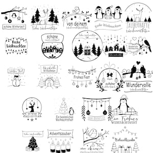 Puede incluir: Una colección de ilustraciones en blanco y negro con temática navideña que presenta varios diseños, incluyendo pingüinos, renos, muñecos de nieve, árboles de Navidad, cajas de regalo y texto festivo en alemán como Frohe Weihnachten.