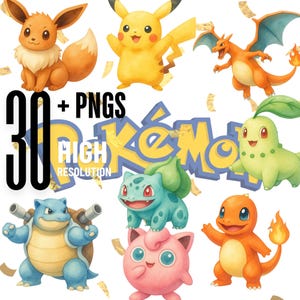 May include: A digital collection of 30 high resolution PNG files featuring watercolor illustrations of various Pokémon characters including Eevee, Pikachu, Charizard, Chikorita, Blastoise, Bulbasaur, Jigglypuff, and Charmander with confetti accents.