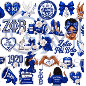 May include: A digital collage featuring Zeta Phi Beta sorority imagery in royal blue and white. Elements include the ZΦB letters, a dove, a crest, high heels, a handbag, roses, candles, a megaphone, and illustrations of members with the text Zeta Phi Beta.