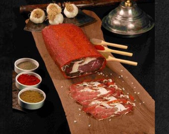 Charcuterie turque de Kastamonu avec enrobage de fenugrec, faux-filet séché et salé, charcuterie, viande séchée, pastirma, Kastamonu 500 gr