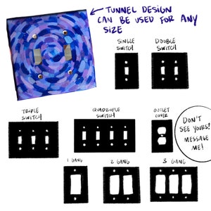 May include: An artistic light switch cover with a blue and purple abstract design. The image also shows examples of single, double, triple, and quadruple switch covers, along with outlet covers and 1, 2, and 3 gang switch plates.