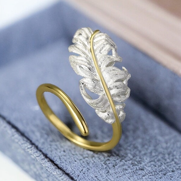 Anello di piume in argento 925 - Gioielli unisex realizzati a mano, disponibili in placcatura in argento e oro, regalo per lei, anello vintage, gioielli da sposa